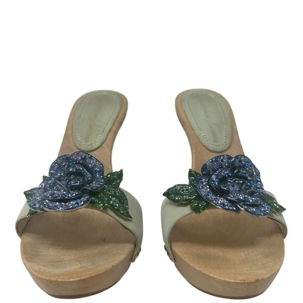 Rare Gianmarco Lorenzi Crystal Flower Wooden Platform Mules 36 / 6